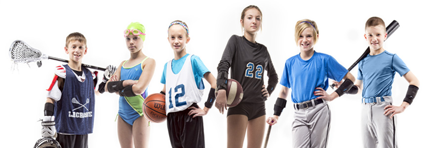 Youth athletes in various sports including lacrosse, basketball, baseball, volleyball and softball