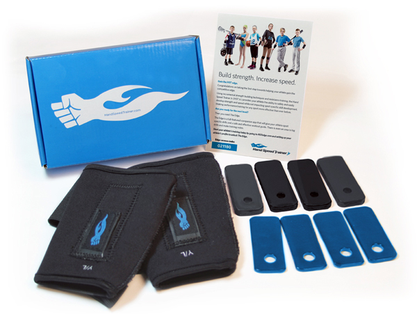 Hand Speed Trainer Jr. product package with sleeves and weights